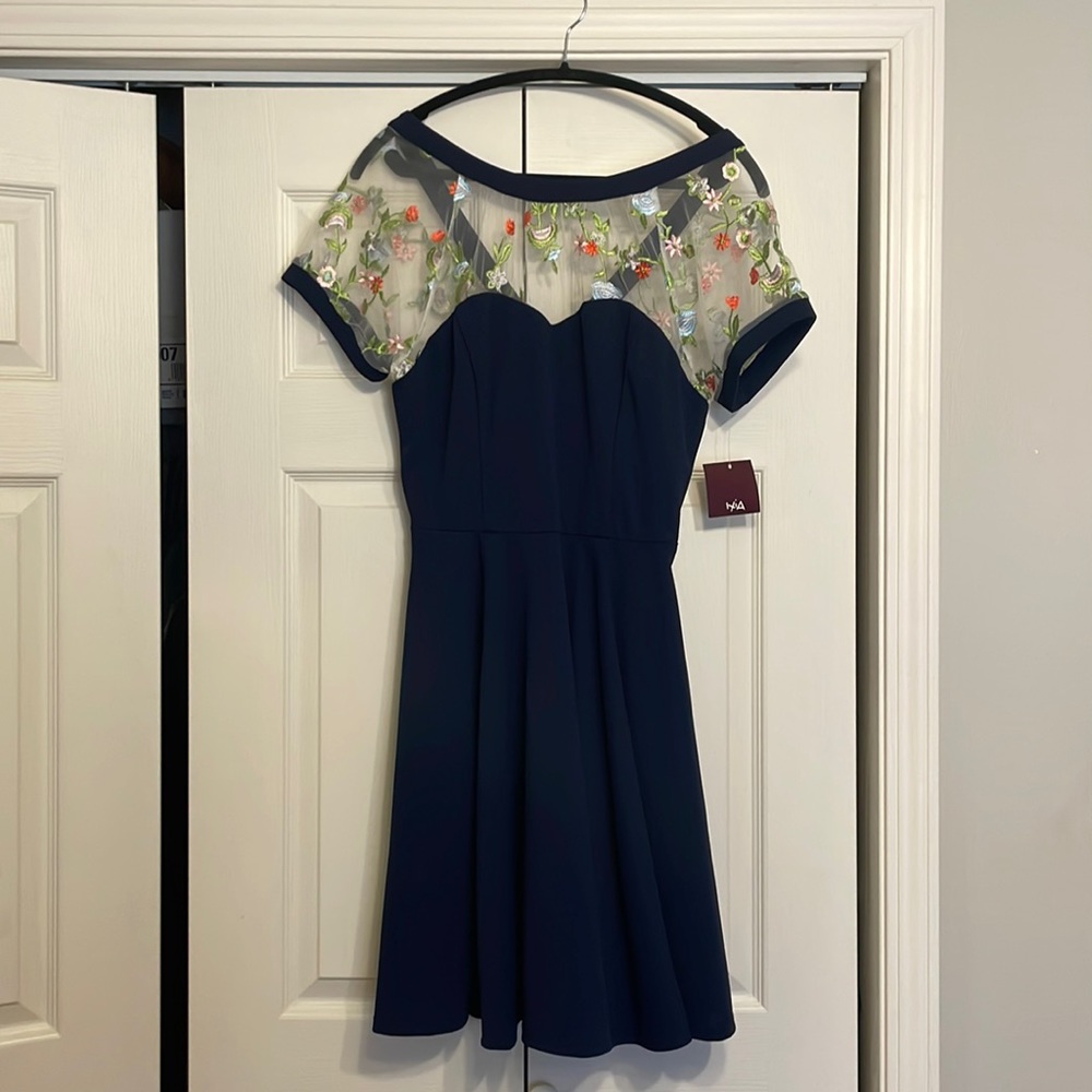 IXIA navy blue sweetheart floral mesh neckline dress